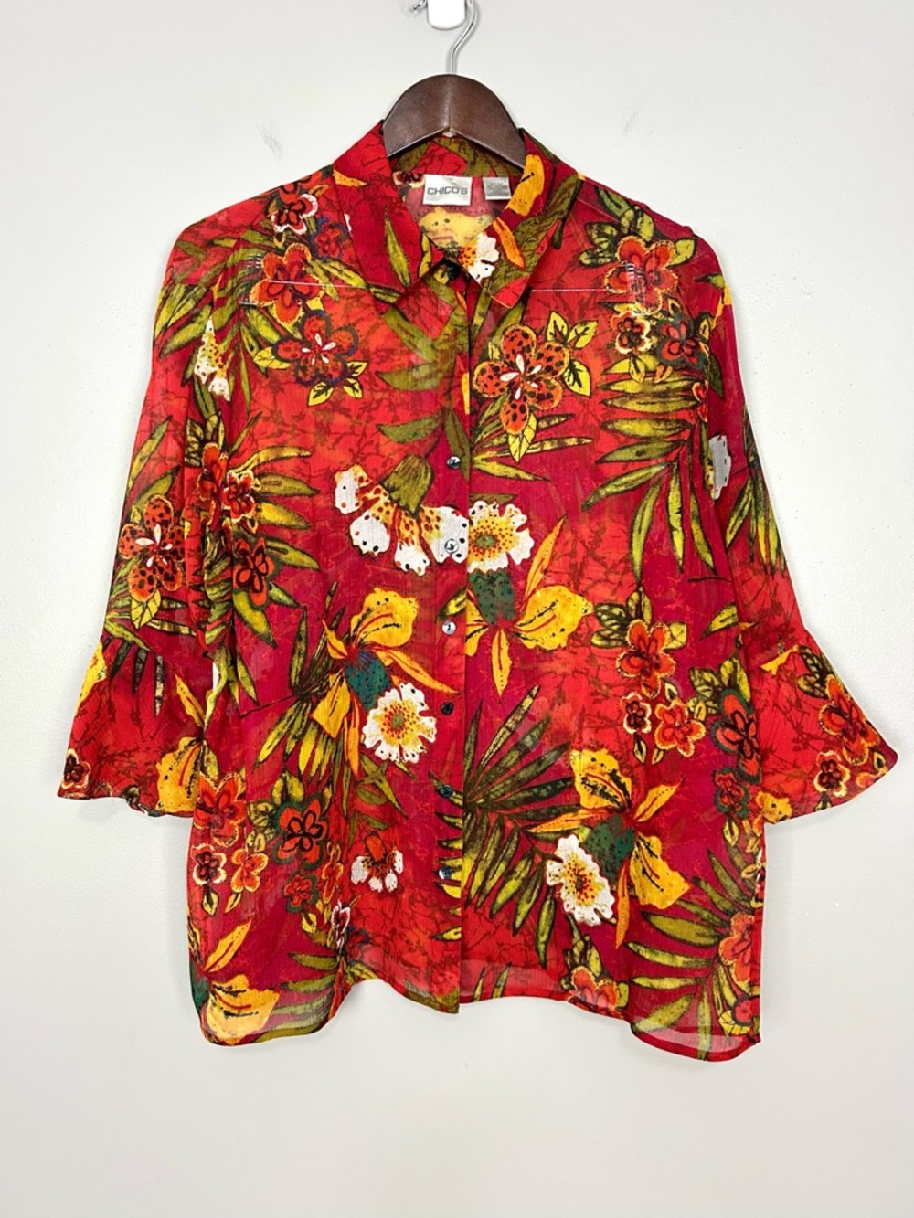 Vintage Silk Tropical Floral Shirt Women’s Size XL Button Front Colorful Sheer